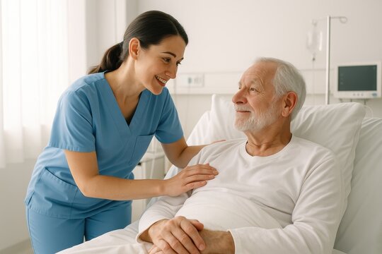 Compassionate healthcare nurse providing gentle care to elderly patient in modern hospital room
