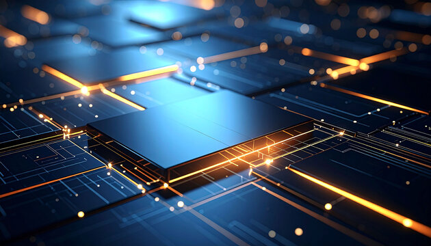Abstract digital rendering of a network of glowing blue and orange circuit boards, with a central, dark rectangular component
