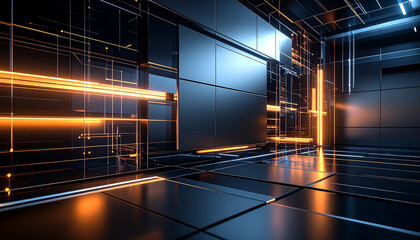 Abstract digital space with dark metallic panels, glowing orange lines, and reflective floor