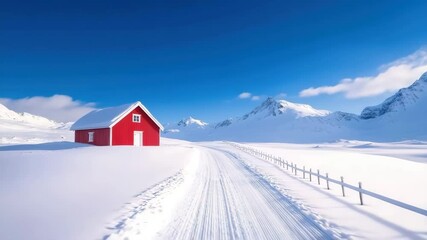 Red house snow mountain winter landscape with clear blue sky, white fence along snowy road, peaceful cold atmosphere remote countryside, sunlight brightening snowy landscape majestic mountains - Powered by Adobe