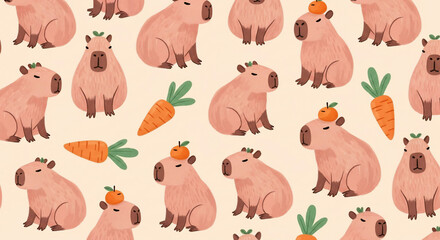 Cute capybara seamless pattern illustration featuring adorable cartoon capybaras with small leaves and oranges on their heads, surrounded by fresh carrots. This charming animal design is perfect for