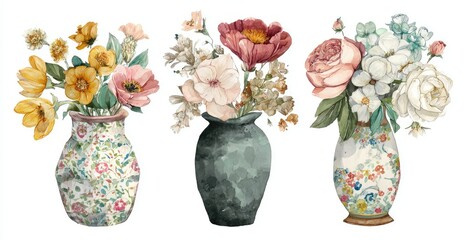 Three watercolor bouquets in ornate vases, displaying diverse floral arrangements and vase styles