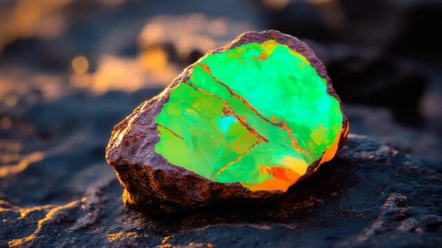Glowing green and orange opal gemstone with rough brown exterior resting dark textured surface natural mineral rough stone vibrant glowing gemstone opal mineral textured surface natural rough stone
