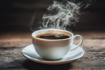 Fototapeta premium Steaming cup of coffee on rustic wood
