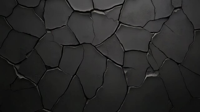 Cracked dry black earth texture with irregular shapes and deep fissures creating dramatic rough surface pattern and intense natural black fissure pattern on earth surface