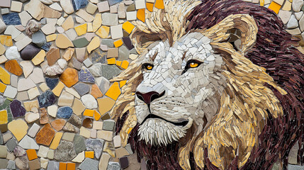Mosaic of small, colorful tiles depicting the face and mane of an adult lion, made in white with gray, yellow, and burgundy colors
