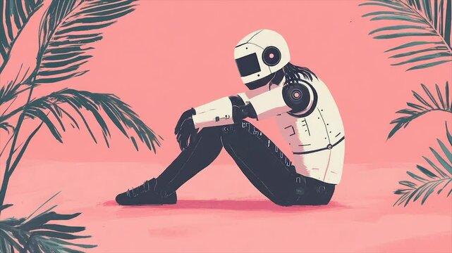 A melancholic robot sits amidst tropical foliage on a pink background