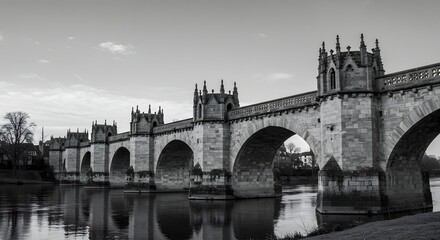 Fototapeta premium Monochrome view of a stone bridge with arches over water reflecting the structure above in the day