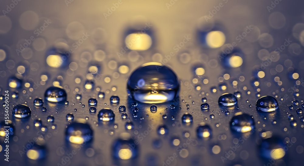Poster closeup of water droplets on a surface with a soft focus and golden light reflections visible throug