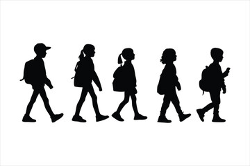 School Children Walking with Backpacks Silhouette - Kids Education Vector
