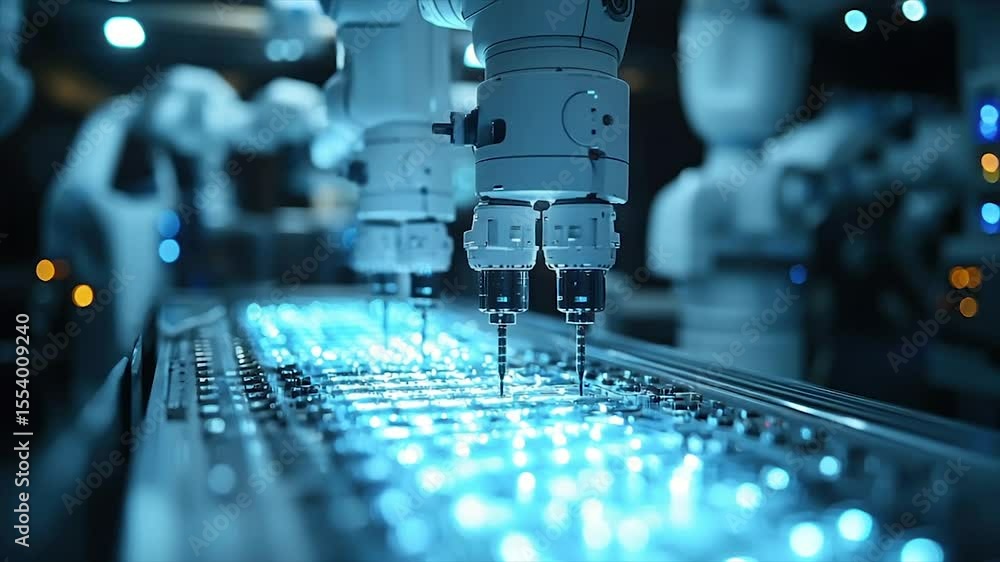 Poster automated robotic arms precisely drilling a circuit board during high-tech manufacturing