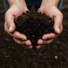 Ein Bauer hält einen Haufen dunkler, fruchtbarer Erde in seinen Händen und präsentiert gesunde, reiche Erde. Landwirtschaftskonzept mit einer Nahaufnahme eines Gärtners