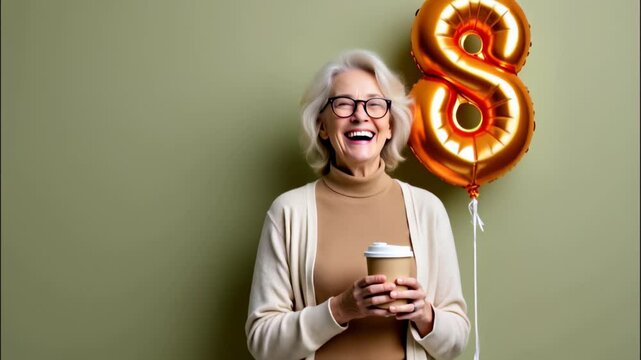 Elderly woman smiling joyfully holding coffee cup and gold balloon celebrating eighth birthday
