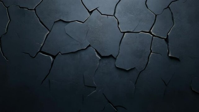 Crack and broken dark surface with rough texture and fissure fragments forming abstract pattern of decay and ruggedness creating deep textured surface pattern with fragment fissure
