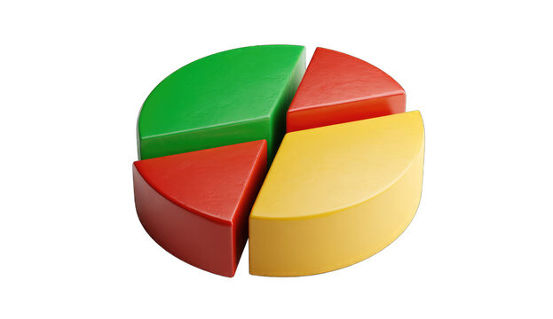 A 3D pie chart with four sections in green, red, yellow, and a smaller red segment.  The segments appear textured and slightly raised