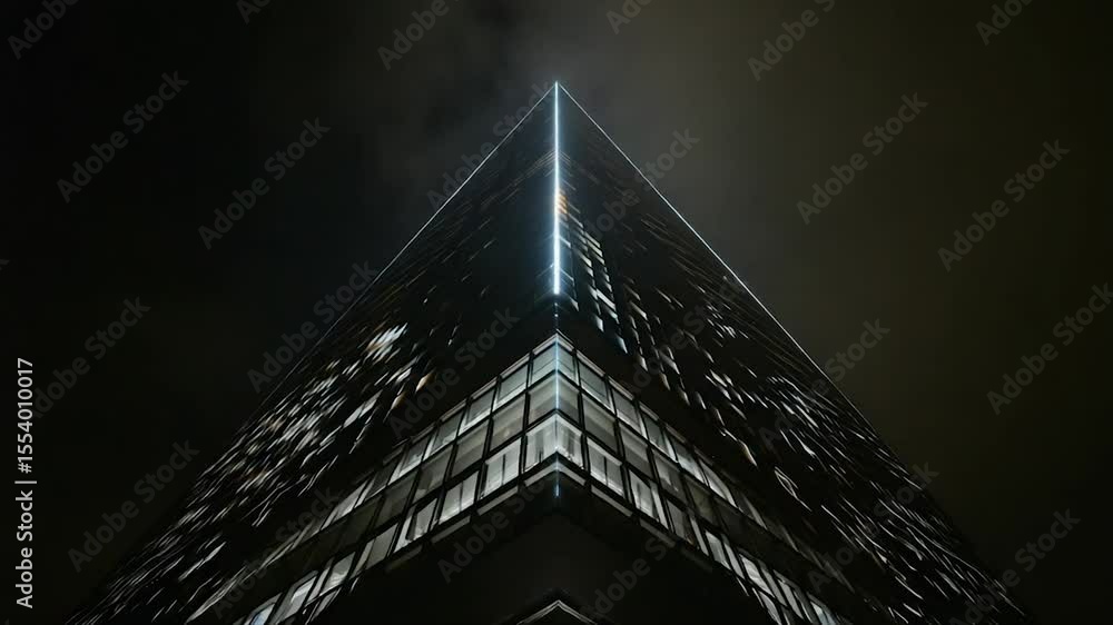 Aufkleber night view of a sharp, angular skyscraper, glowing with internal light against a dark, moody sky