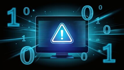 High-tech digital display showing blue hazard triangle with 0s and 1s in a glowing cyber interface filled with security effects