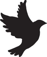 Black silhouette of a flying dove bird with outstretched wings in mid flight isolated on white background