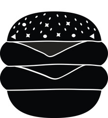 Stylized black silhouette of a double cheeseburger with sesame seeds on the top bun isolated on white background