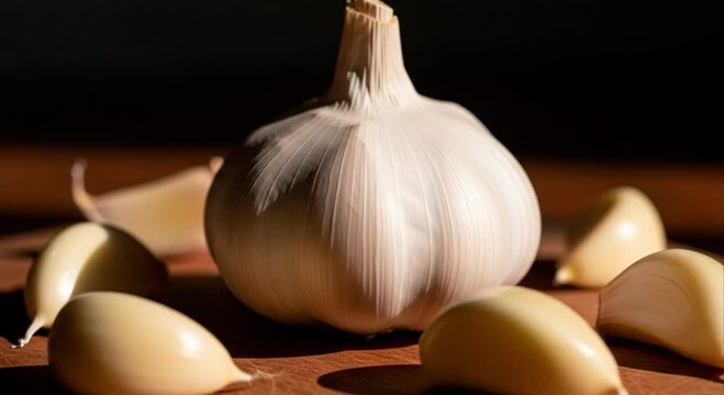 A whole garlic bulb surrounded by cloves, artfully arranged on a wooden surface with dramatic lighting, creating a rustic and n...