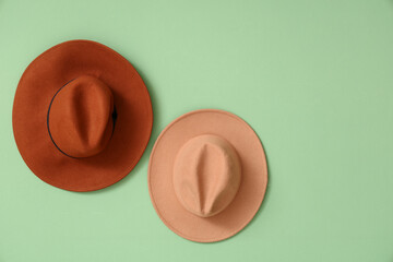 Stylish felt hats on green wall
