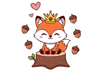 Fototapeta premium Adorable Cartoon Fox Princess Wearing a Crown, Sitting on a Tree Stump Surrounded by Acorns