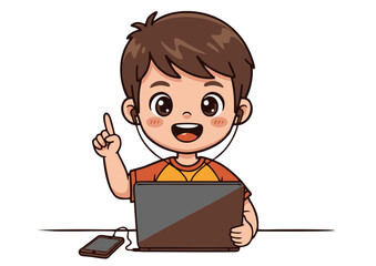 Adorable Cartoon Boy Learning Online with Laptop and Earphones