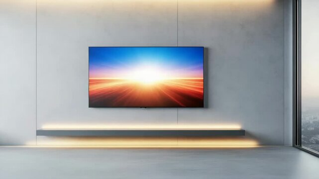 Modern living room with wall mounted flat screen television above floating shelf featuring warm LED lighting and bright sunrise image, minimalistic interior with large window city view creating calm