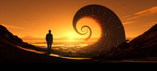 pop surreal unreal silhouettes spiral towards Parasaurolophus, ai generatif