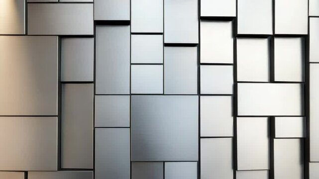 Modern metal wall panel featuring rectangular and square shapes geometric pattern with brushed silver finish and smooth texture, creating sleek and contemporary design with elegant black dividing