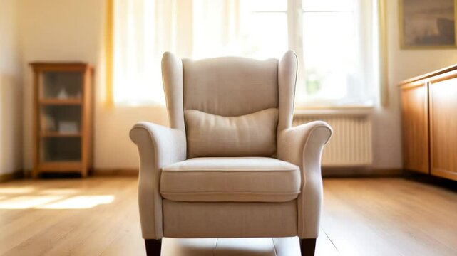 Beige armchair with cushioned seat and backrest in bright living room featuring wooden floor and furniture, creating cozy and inviting atmosphere with soft natural light and warm ambiance