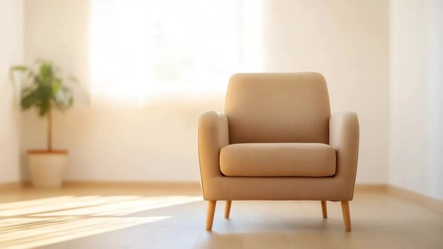 Beige armchair with comfortable cushion and wooden legs in bright living room interior featuring cozy seat, natural light, potted plant, and inviting furniture for relaxing atmosphere