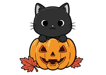 Adorable Black Kitten in a Jack-o'-Lantern Cute Halloween Illustration