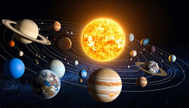 A vibrant depiction of our solar system, showcasing the sun at its center and planets orbiting in elliptical paths, against a dark space background, 