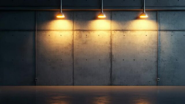 Industrial concrete wall with warm hanging lights creating moody atmospheric space and smooth reflective floor in empty industrial room evoking calm and cozy ambiance