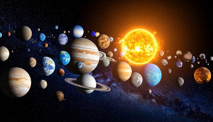A vibrant depiction of the solar system, showcasing the sun's radiant energy and planets of varying sizes, colors, and ring systems against a backdrop of cosmic dust and stars
