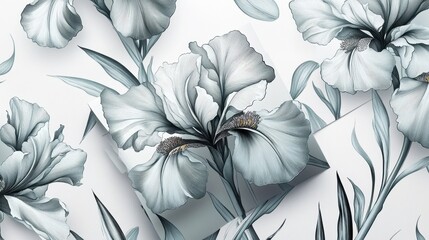 Detailed floral pattern of light teal irises on white background.