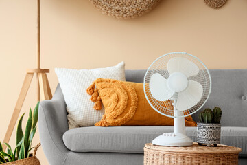 Electric fan with cactus on basket in living room