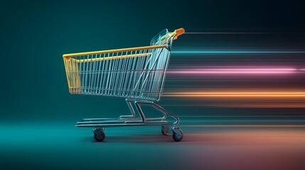 Dynamic empty shopping cart with colorful motion trails illustrating fast online shopping technology and efficient digital commerce delivery speed backdrop copy space