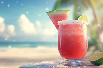 Close-up of a frosty watermelon margarita. showcasing a vibrant red hue and refreshing texture. Concept of summer drink, refreshment and indulgence.