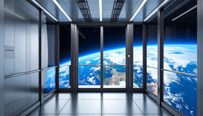 Futuristic elevator cabin with panoramic Earth view from large windows; sleek metallic walls and floor