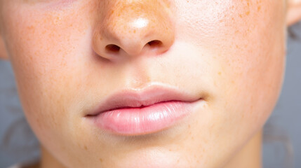 Fototapeta premium Macro close up of philtrum area showing natural skin texture with freckles and soft lips under natural light, highlighting delicate facial features and smooth skin tone