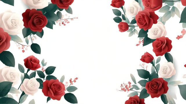 Red rose flower and white rose flower with green leaf frame white background, romantic floral decoration featuring elegant red and white flowers, green leaves, and floral frame design for celebration