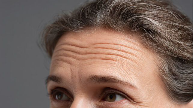 Close up of mature woman forehead with visible wrinkles and natural skin texture showing aging signs and expression lines