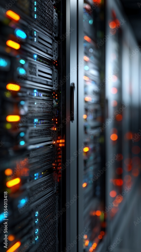 Fototapete data center server rack close up with blinking lights displaying high performance technology infrast