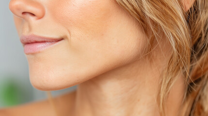 Macro portrait of jaw corner and neck base with smooth skin and natural light showing gentle expression