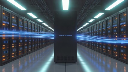 High-tech 3d server tunnel with motion-blurred data streams and glowing blue-orange lighting in a cyberpunk digital infrastructure