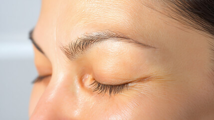 Fototapeta premium Close up macro of eyebrow edge and temple skin detail showing natural texture and fine hair with soft lighting and smooth complexion in calm and peaceful expression