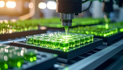 Green glowing bio-ink forming human tissue in eco-inspired bioprinter, inside a plant-like scaffold under soft, earthy lighting.