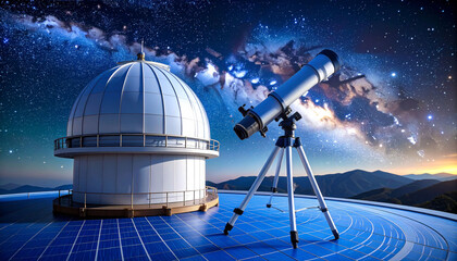 Observatory dome and telescope at night, with solar panels